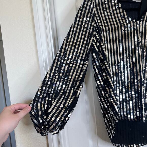 NWT RIXO Moss Black Silver Sequin Stripe Neck Tie Top Size Small Party Holiday - Picture 7 of 10